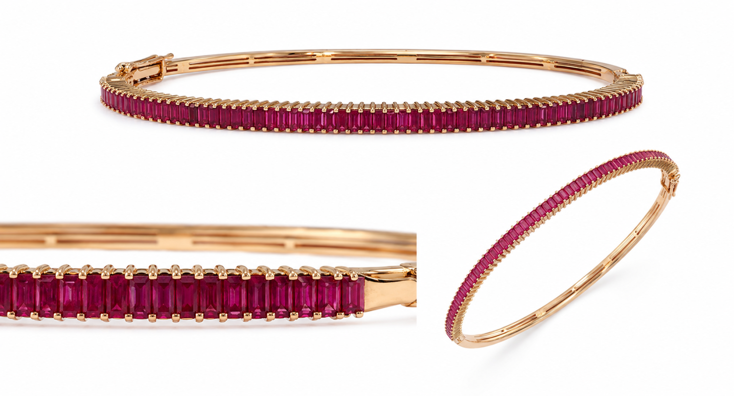Baguette ruby bracelet in 18k rose gold, shown from the front, at an angle and in close-up