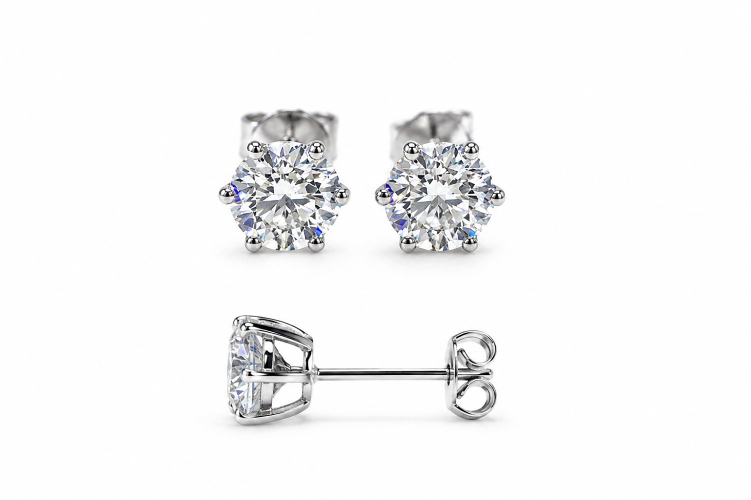 Front and side views of round diamond stud earrings in white-toned six-claw settings with butterfly backs