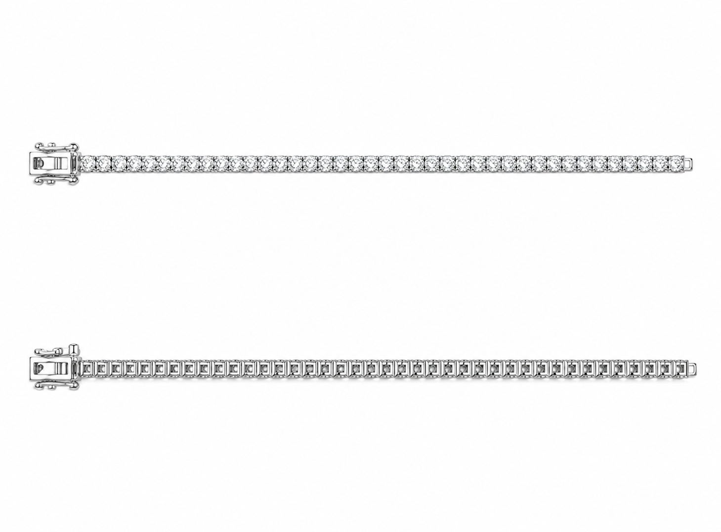 3.5mm round natural diamond tennis bracelet in platinum 950, shown laid straight from the front and back