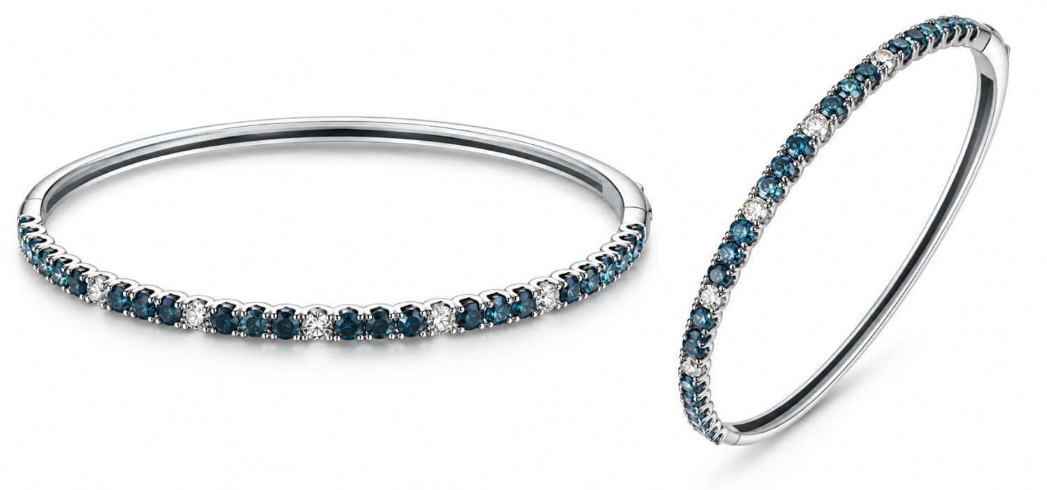 Blue and white diamond half bangle in 18k white gold, shown from two angles