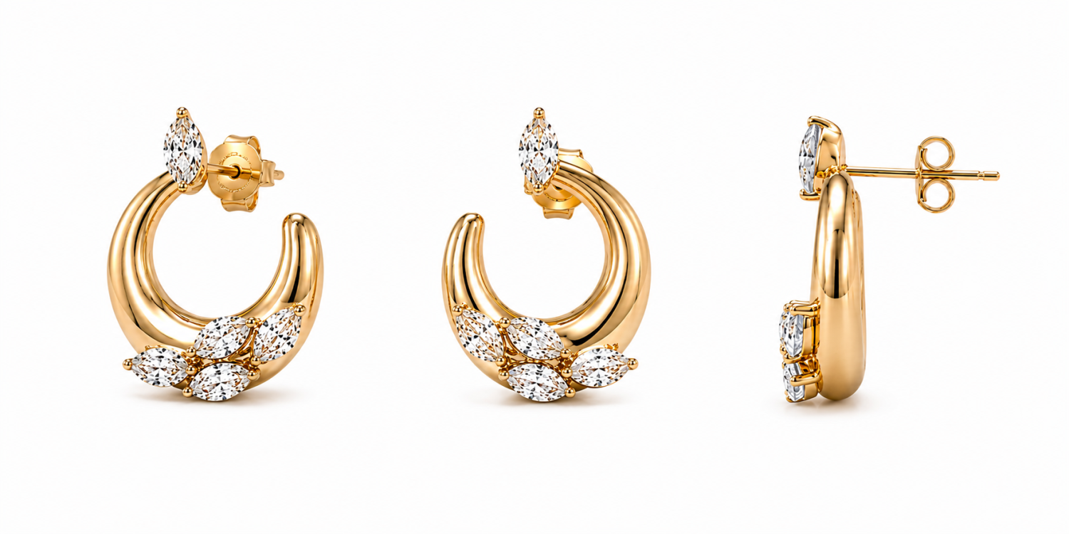 Front and side views of yellow-toned gold crescent hoop earrings with marquise diamond tops and leaf-like marquise diamond clusters