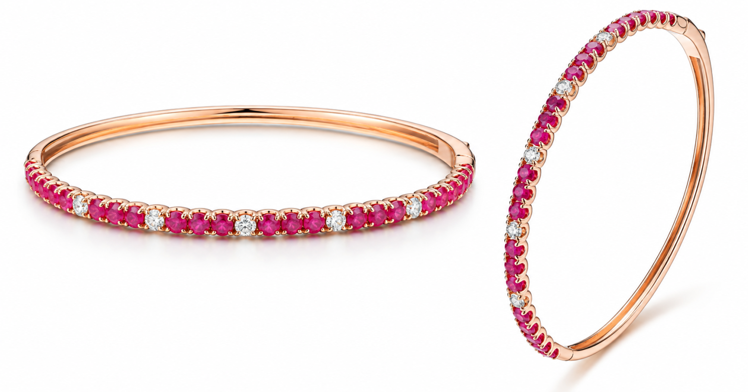 Round ruby and natural diamond half bangle in 18k rose gold, shown from the front and side