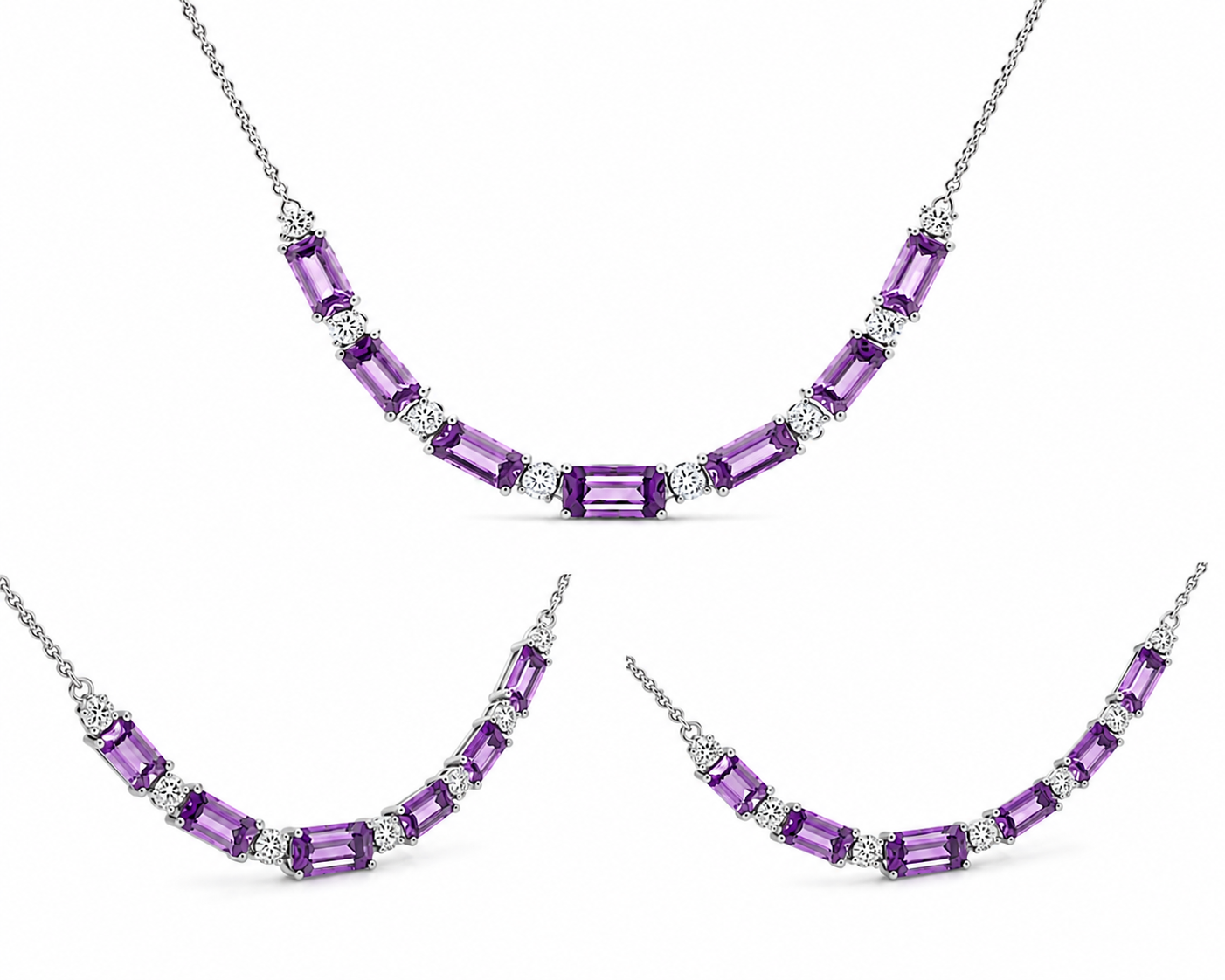 Baguette-cut purple sapphire and natural diamond station necklace in 18k white gold