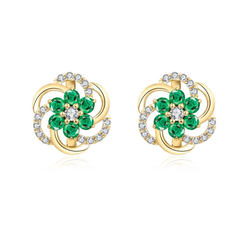 Pair of floral emerald and diamond earrings with curved 18k gold petals