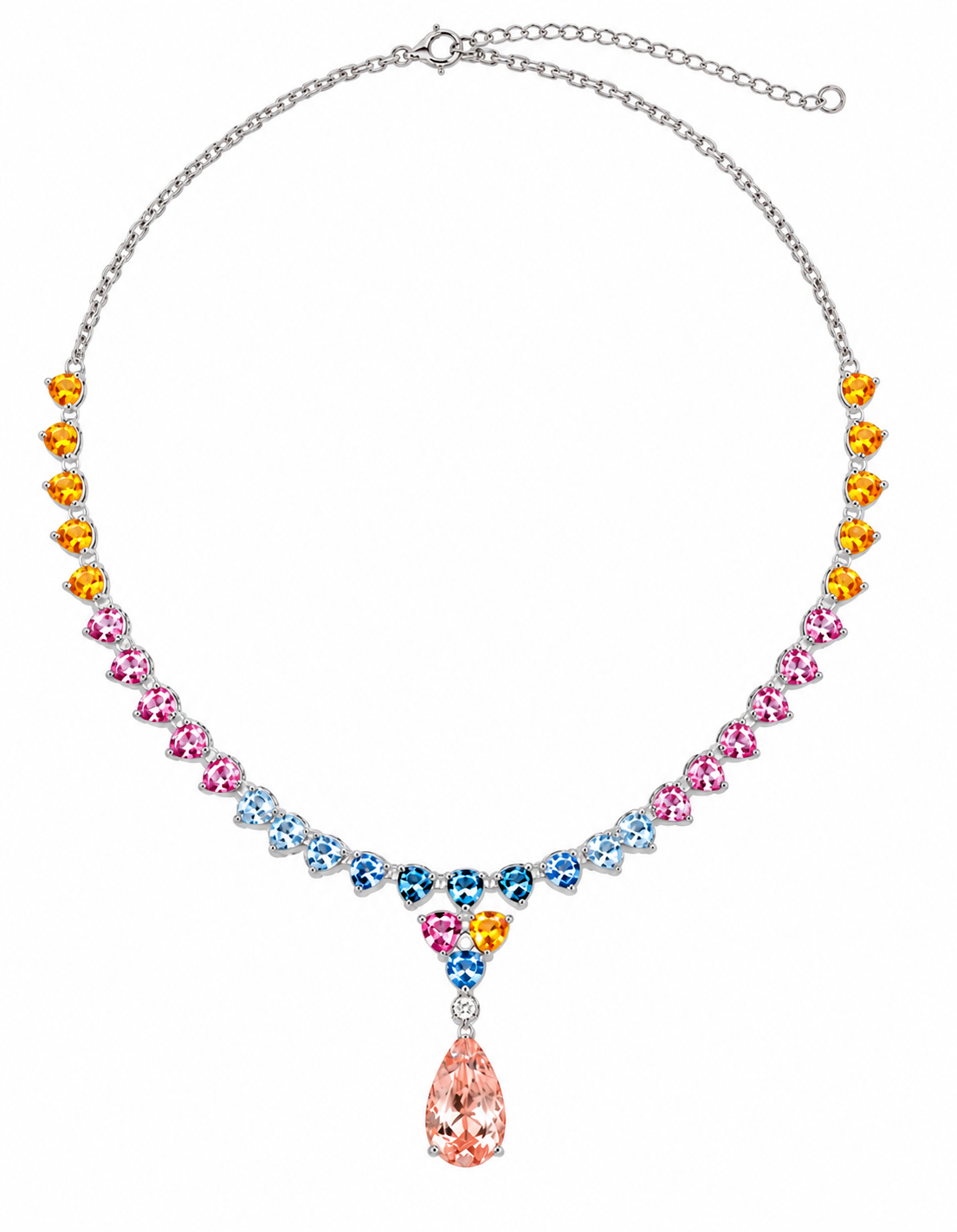 Heart-cut multicolour sapphire necklace with pear-cut morganite drop and natural diamond accents in 18k white gold