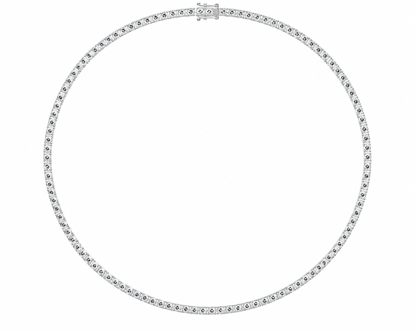Round natural diamond tennis necklace in platinum 950, shown clasped in an oval arrangement