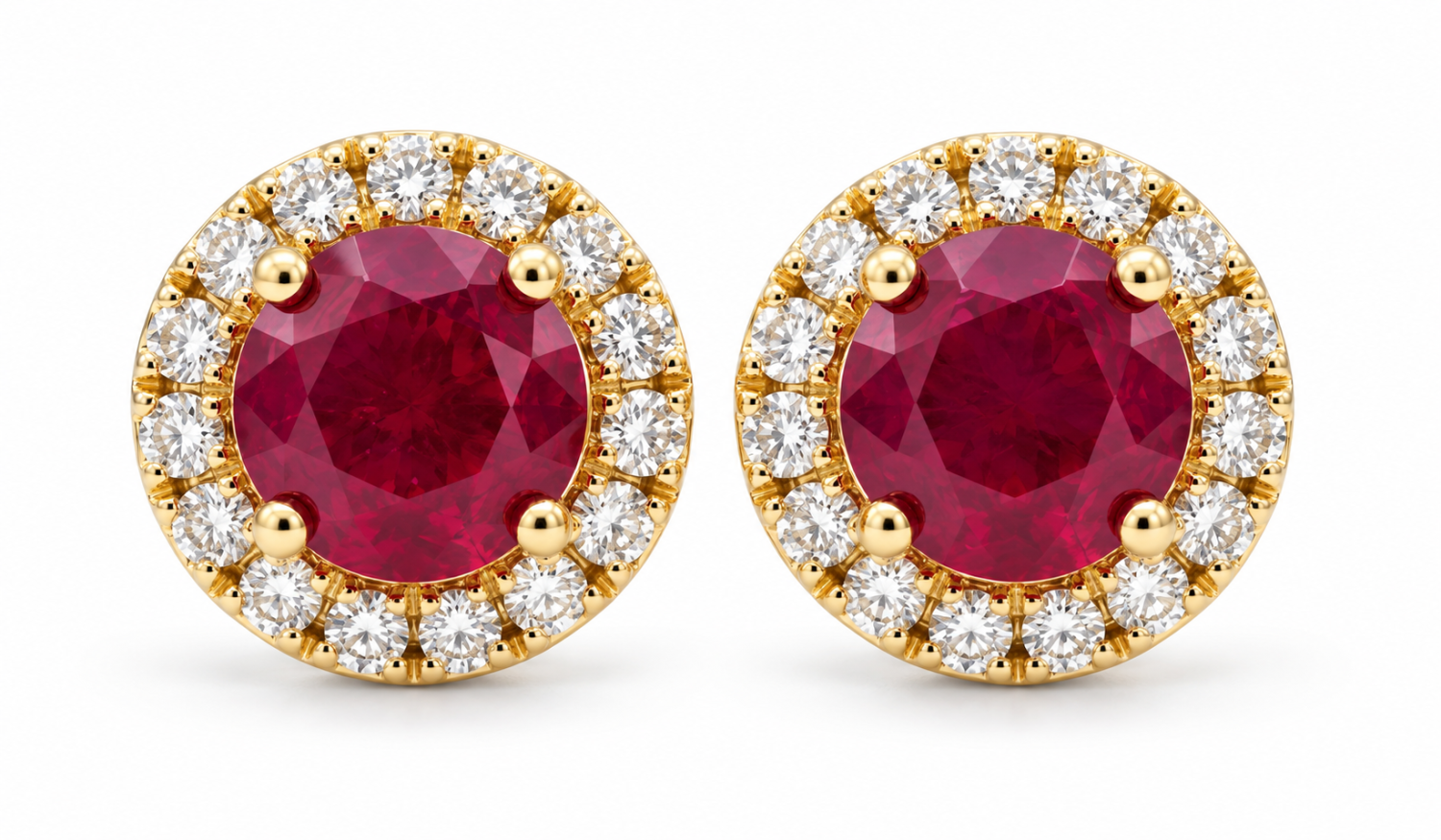 Round ruby earrings with natural diamond halos in 18k gold