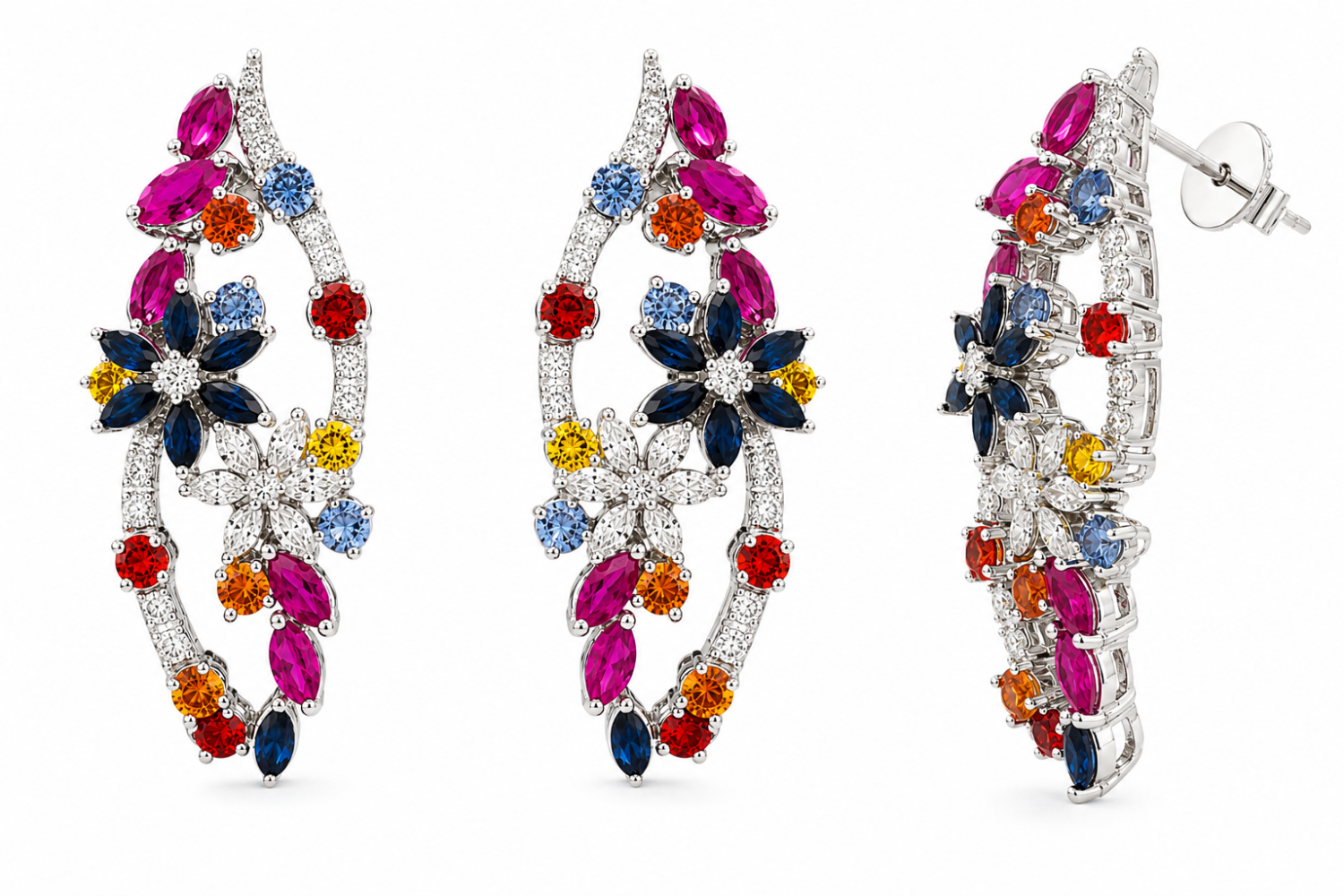Sapphire, ruby and natural diamond botanical earrings in 18k white gold