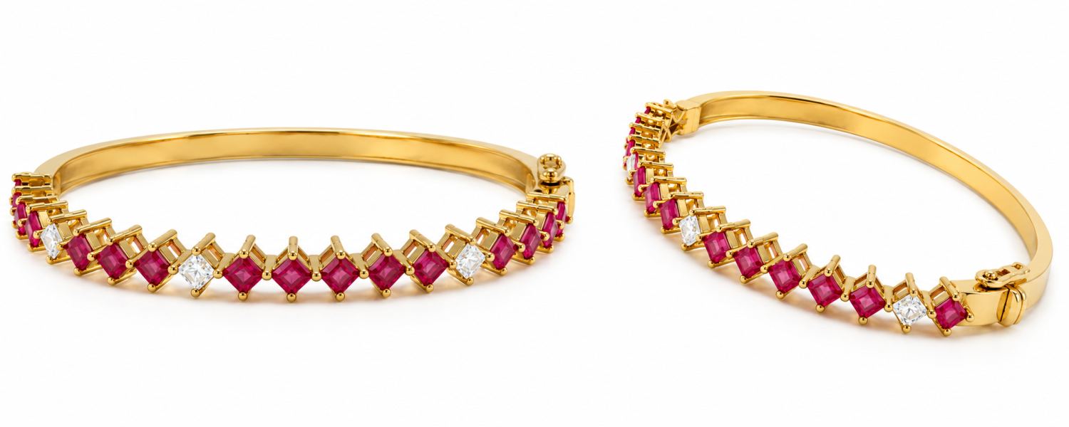 Princess-cut ruby and natural diamond bracelet in 18k yellow gold with diagonal stone settings, shown from two angles