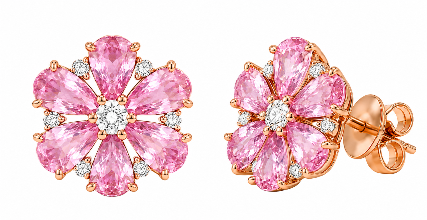 Pear-cut pink sapphire flower stud earrings with natural diamond centres in 18k rose gold