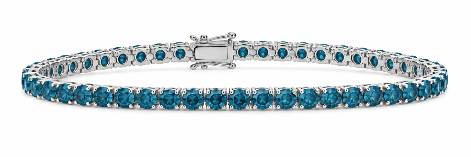 3mm round blue diamond tennis bracelet in 18k white gold with a box clasp and safety catches
