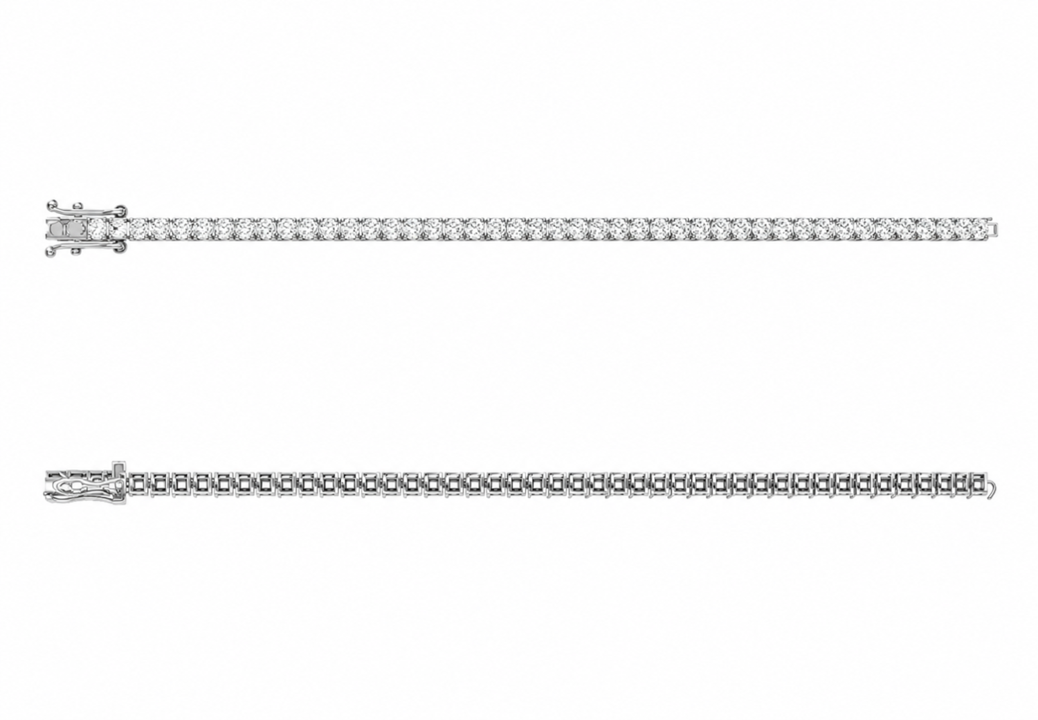 4.08ct round natural diamond tennis bracelet in platinum 950, shown laid straight from the front and back