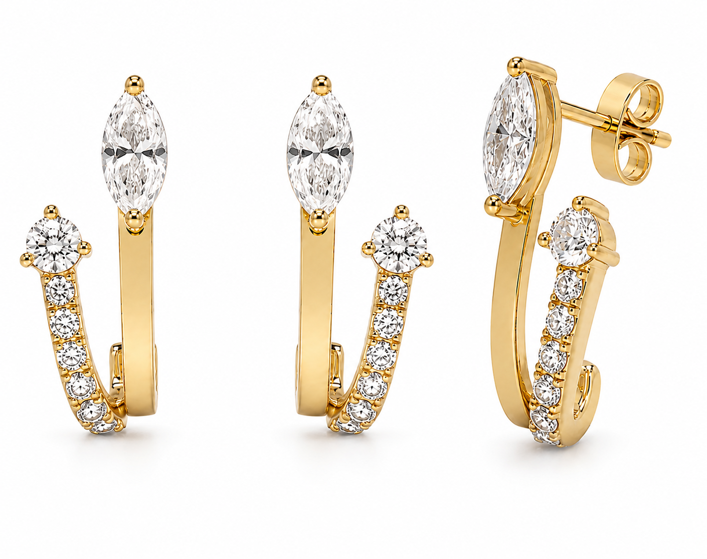 Front and angled views of yellow-toned gold open hoop earrings with marquise diamond tops and round diamond accents