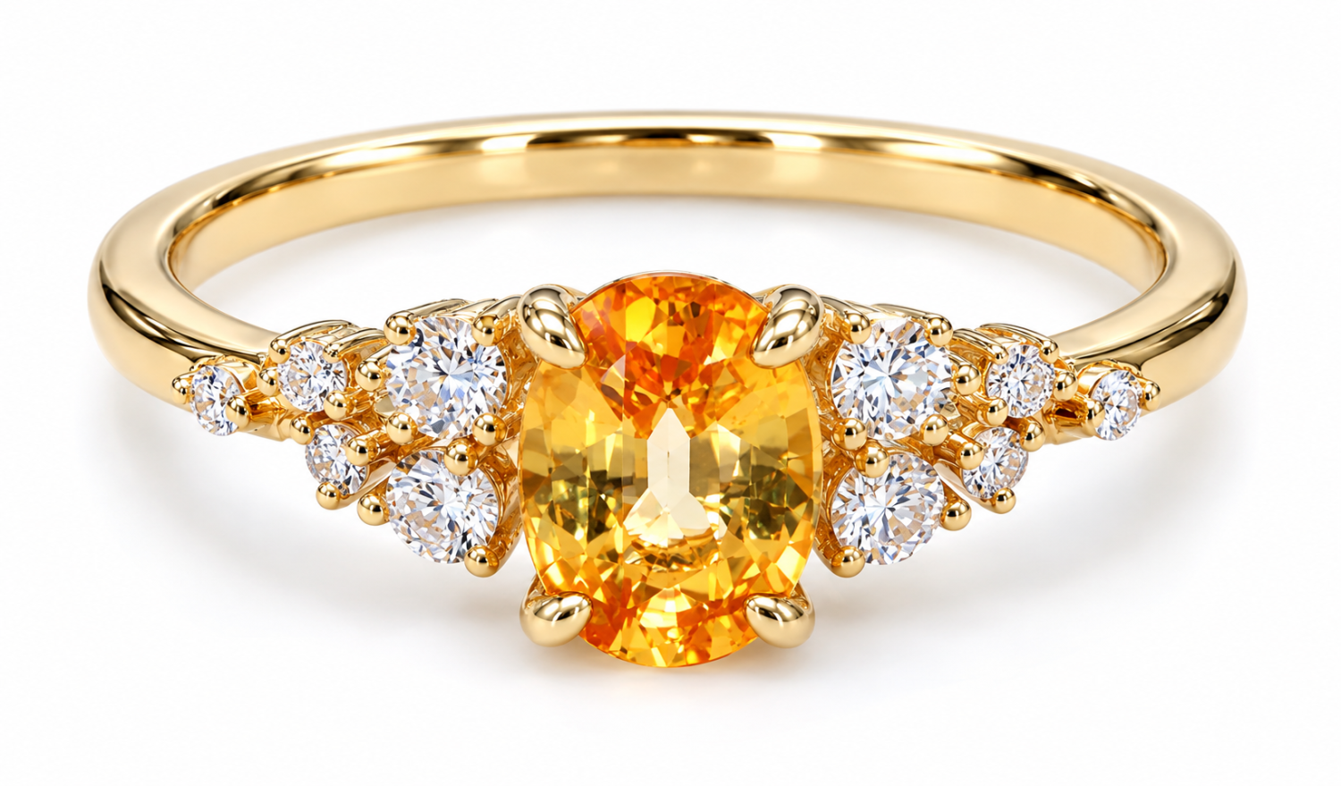 Oval golden sapphire ring with round natural diamond accents in 18k gold