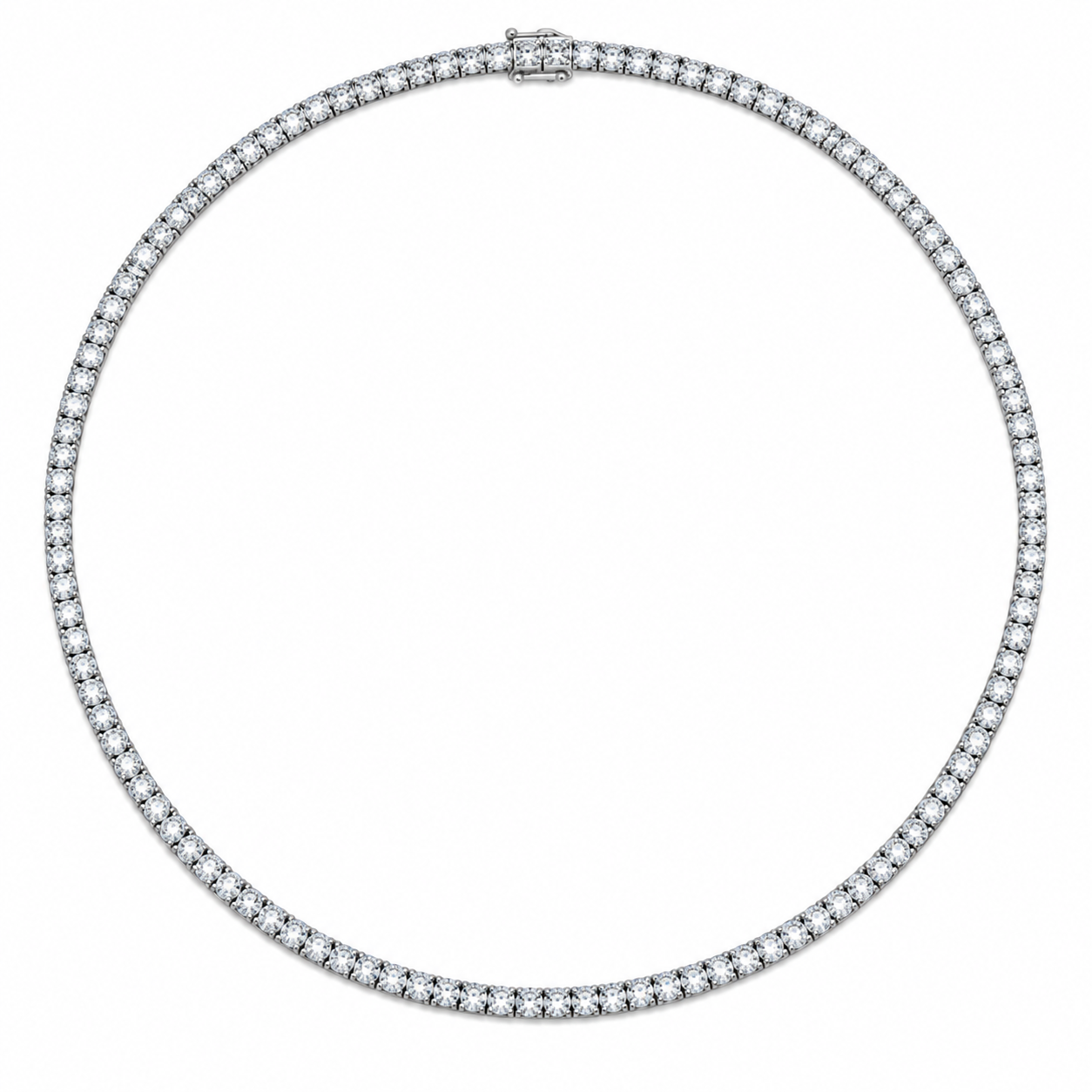 3mm round natural diamond tennis necklace in 18k white gold, shown clasped in an oval arrangement