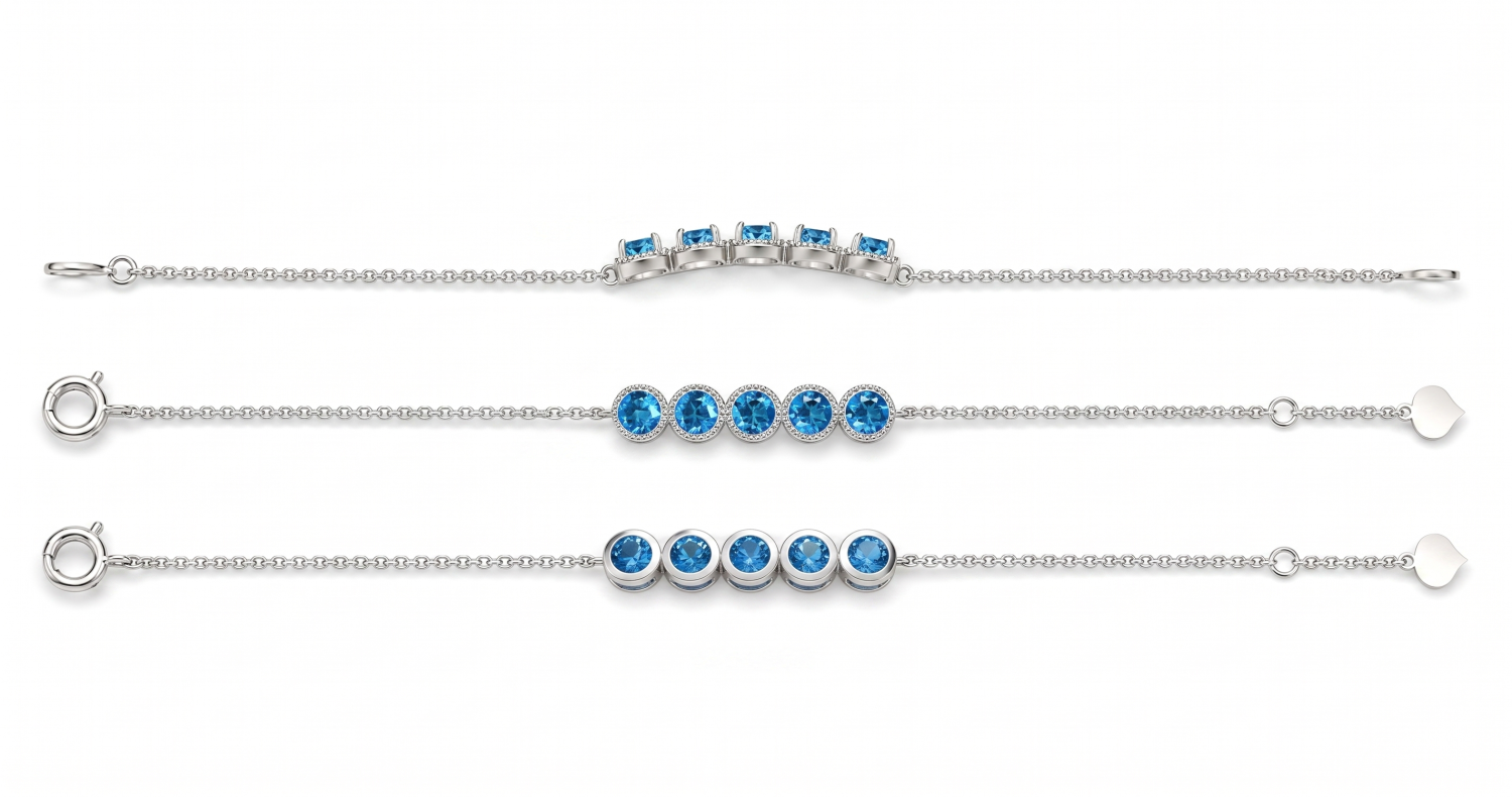 Five round blue sapphires set at the centre of a fine 18k gold chain bracelet