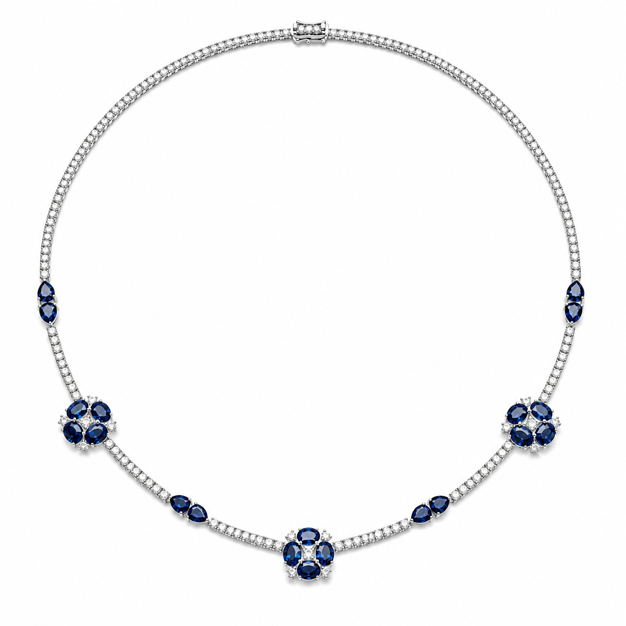 Blue sapphire floral cluster and natural diamond tennis necklace in 18k white gold