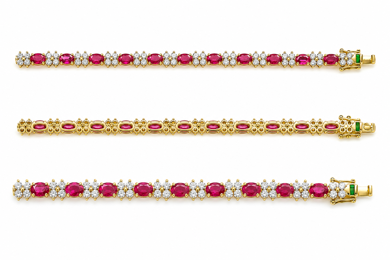 Oval ruby and pear-cut natural diamond cluster bracelet in 18k yellow gold, shown from the front, back and at an angle