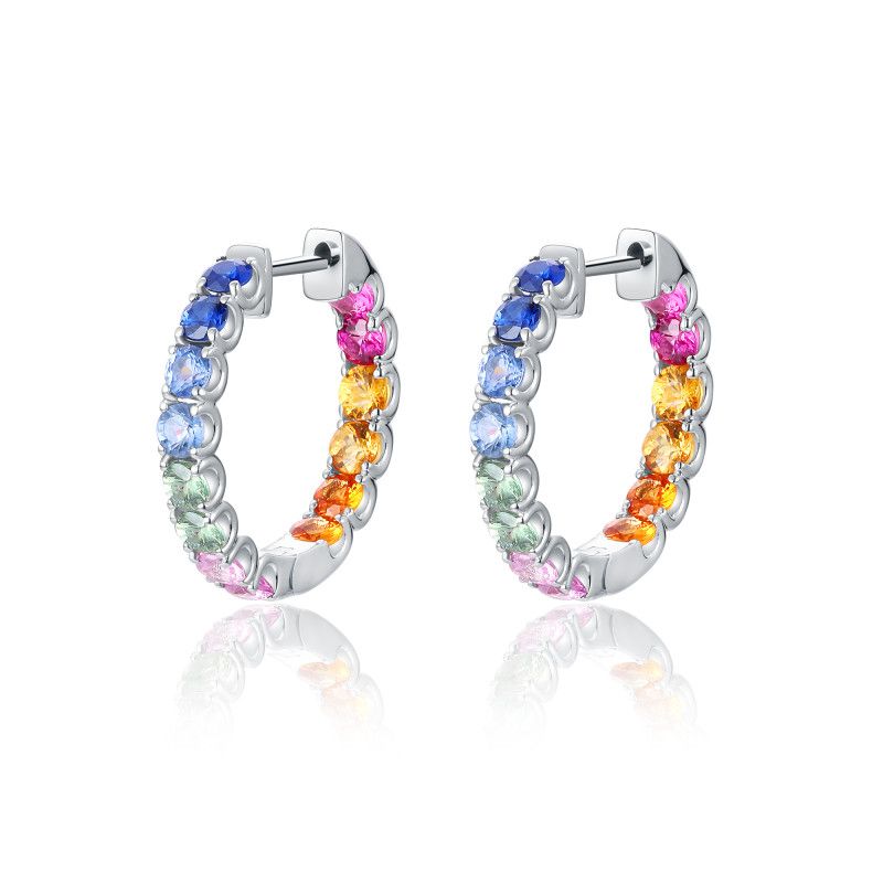 Round rainbow sapphire hoop earrings in polished 18k white gold