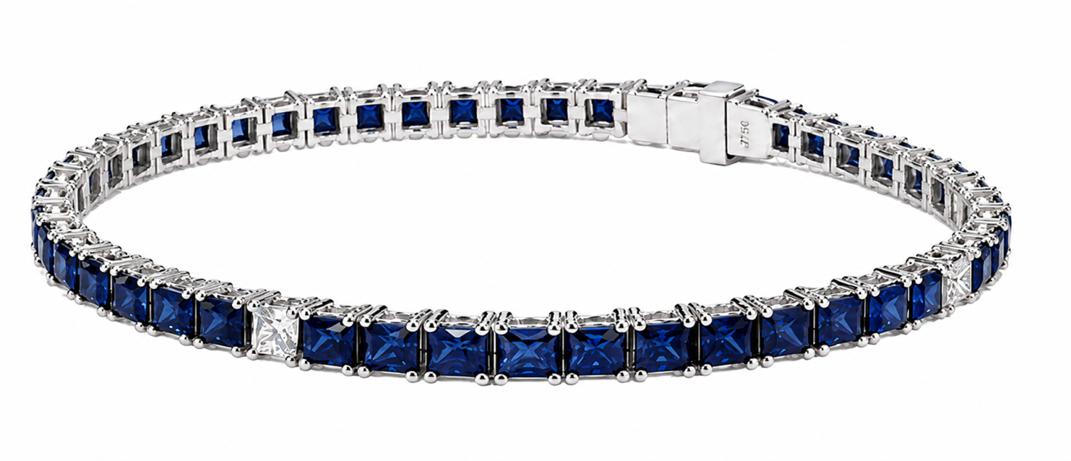 Princess-cut blue sapphire bracelet with natural diamond accents in 18k gold