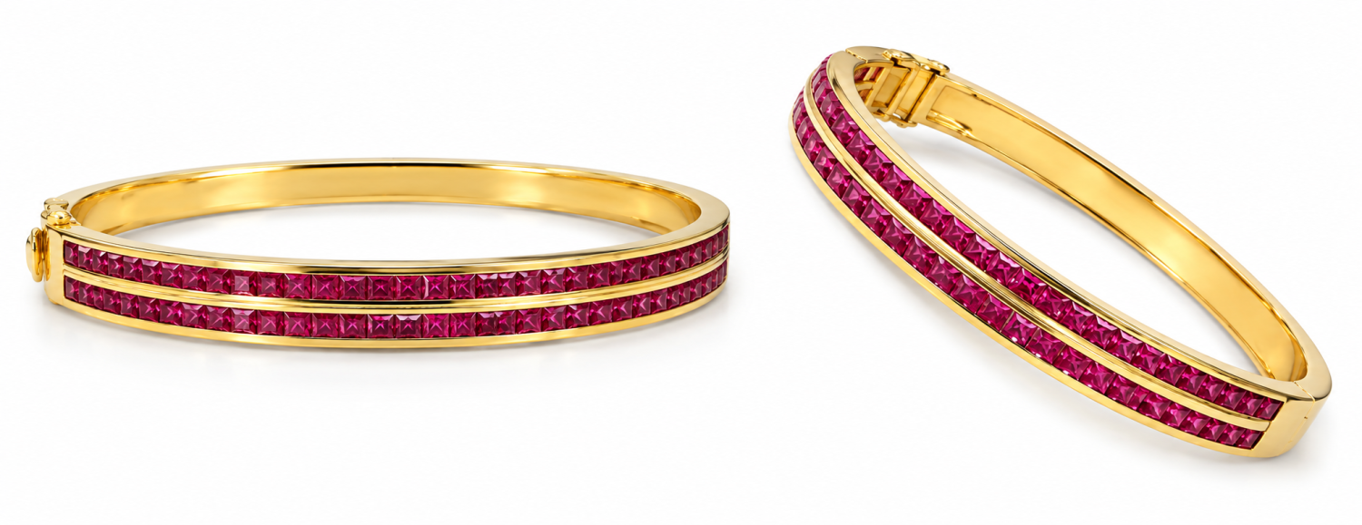 Double layer princess ruby bangle with two channel-set rows in 18k yellow gold, shown from the front and at an angle