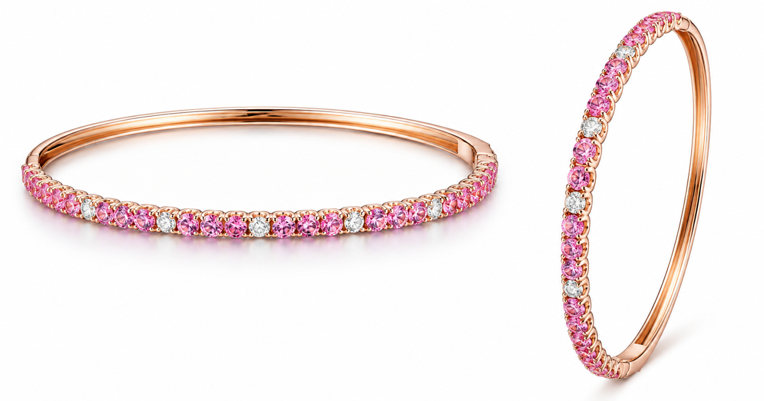 Pink sapphire and white diamond half bangle in 18k gold shown from front and side