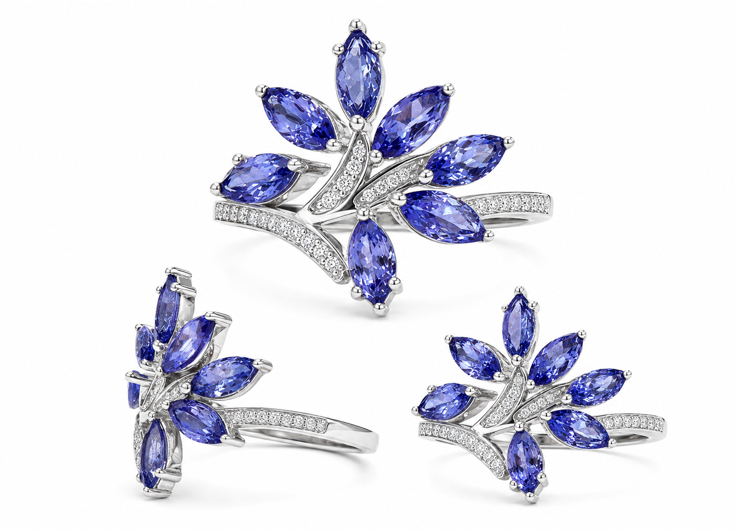 Marquise tanzanite botanical ring with natural diamond-set stems in 18k gold