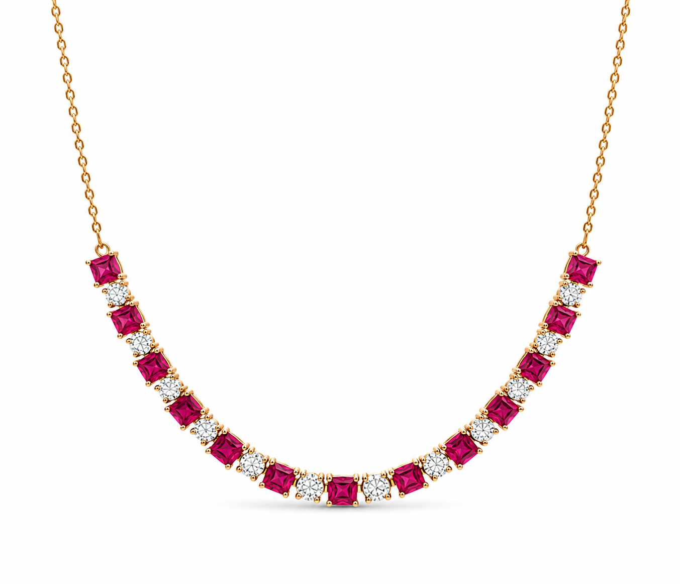 Princess-cut rubies alternating with round natural diamonds along a curved 18k yellow gold necklace with a fine chain