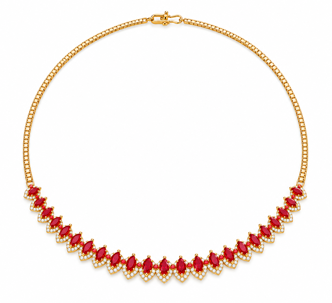 Marquise ruby necklace with scalloped round natural diamond accents and a polished 18k yellow gold link chain