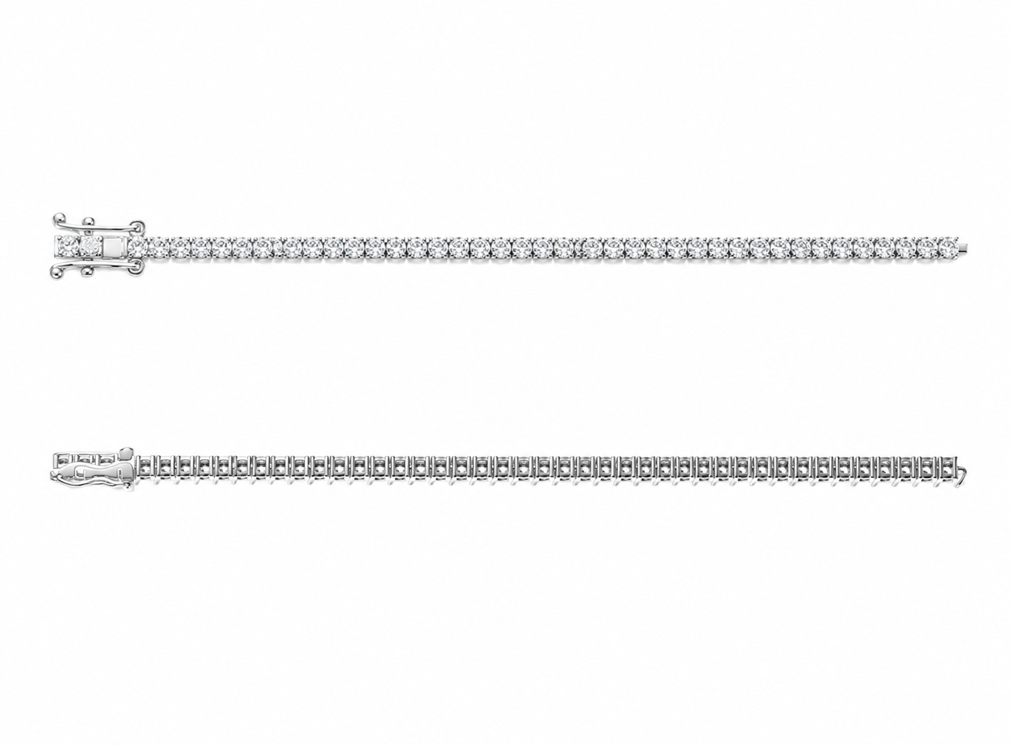 2mm round natural diamond tennis bracelet in platinum 950, shown laid straight from the front and back