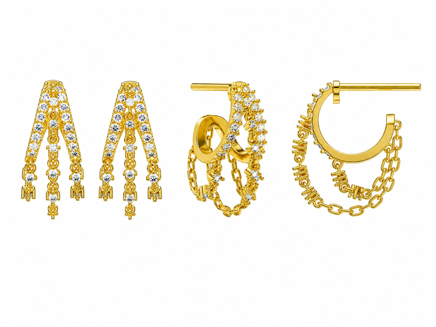 Front and side views of yellow-toned gold split hoop earrings with round diamonds and draped chain details