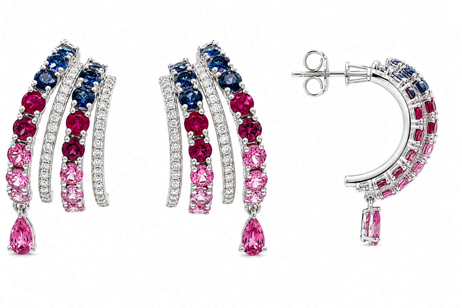 Blue and pink sapphire ombré earrings with natural diamond ribbons and pear-shaped drops in 18k white gold