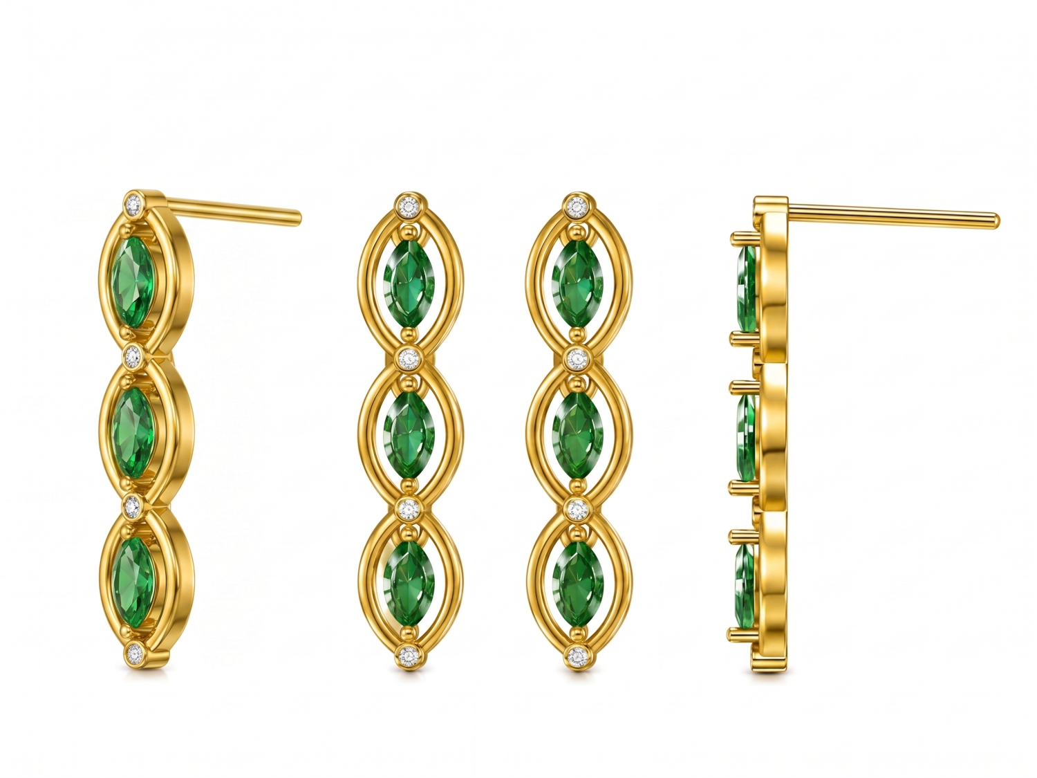 Marquise emerald and round natural diamond drop earrings with open 18k yellow gold frames, shown from the front and side