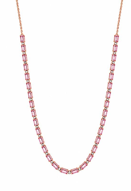Baguette-cut pink sapphire line necklace with natural diamond stations in 18k rose gold