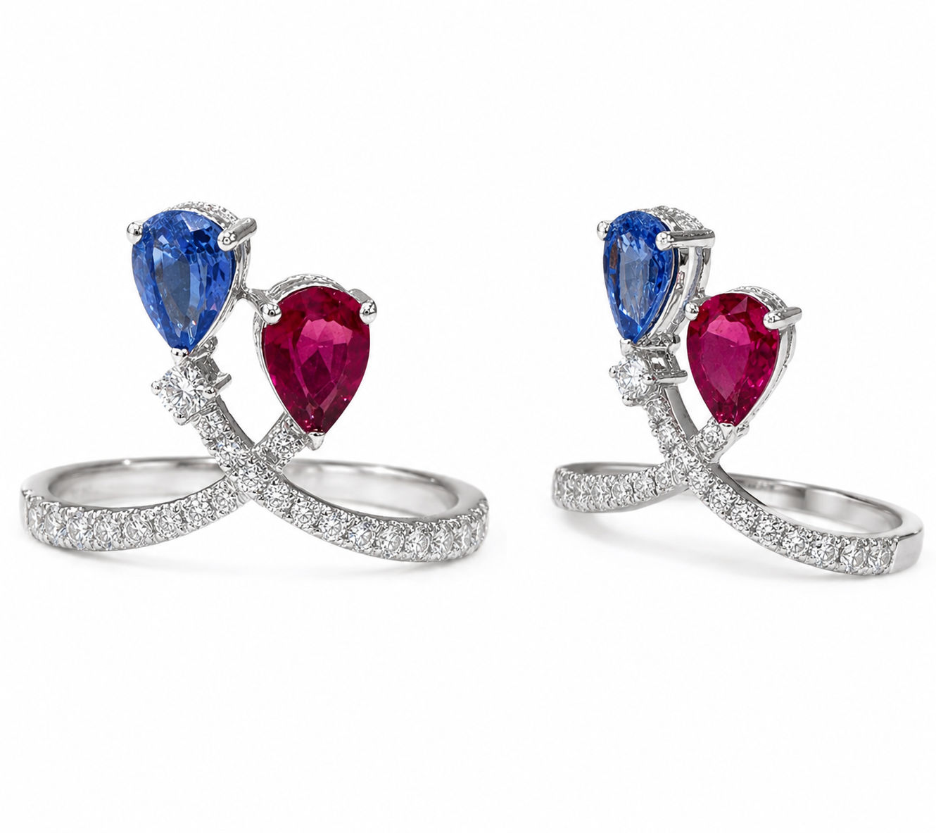 Pear-shaped blue sapphire and ruby crossover ring with round diamond accents in 18k gold