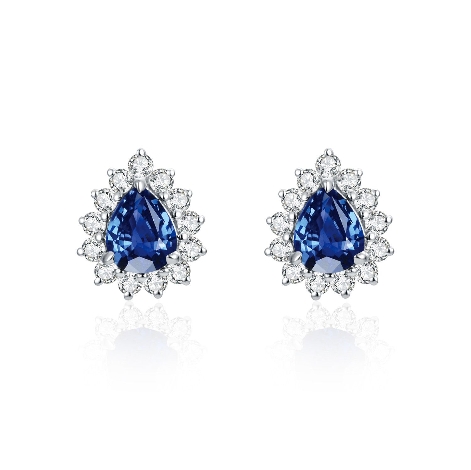 Pear-cut blue sapphire stud earrings with natural diamond halos in 18k white gold