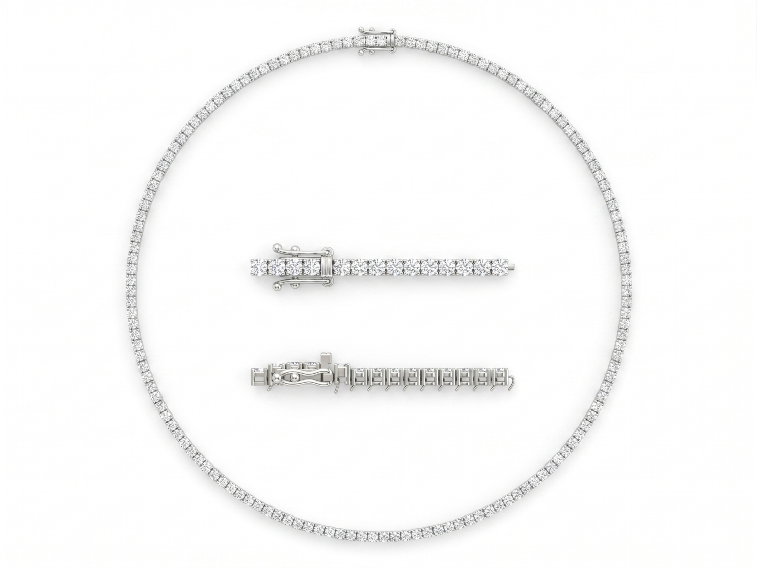 Round natural diamond tennis necklace in 18k white gold with close-up front and back views of the clasp and settings
