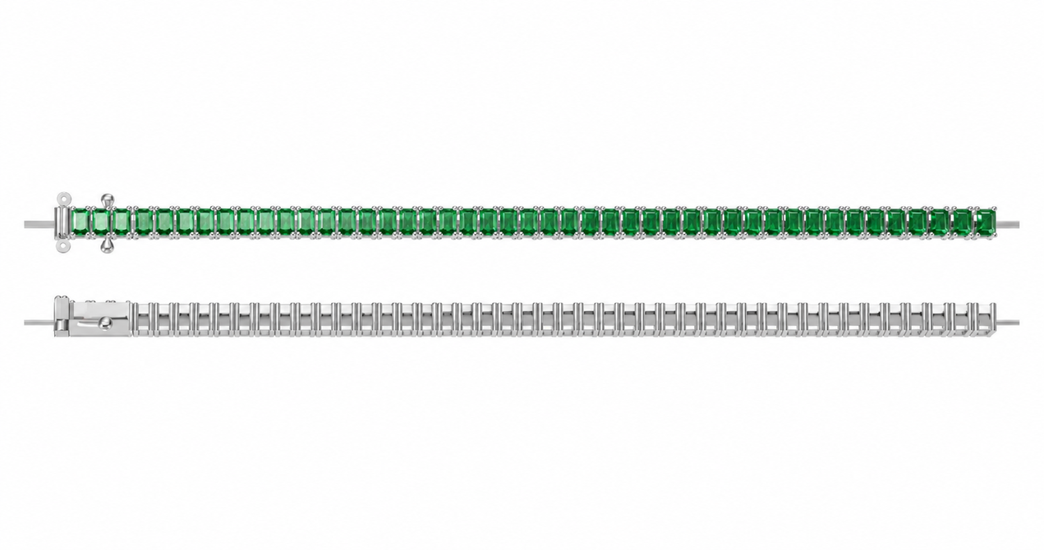 Octagonal emerald tennis bracelet in 18k white gold, shown laid straight from the front and back