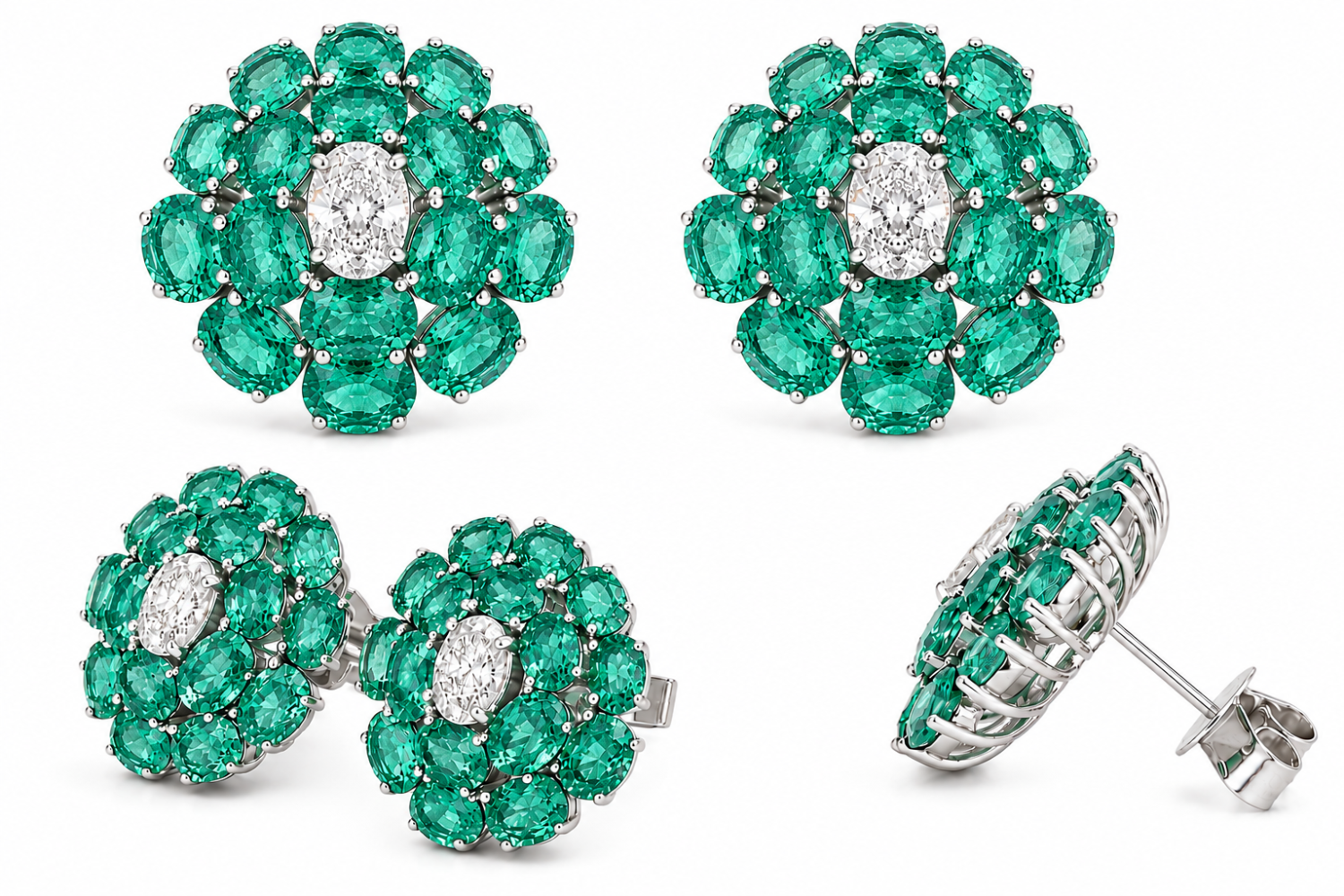 Oval natural diamond centres surrounded by double halos of oval emeralds in 18k white gold stud earrings, shown from multiple angles