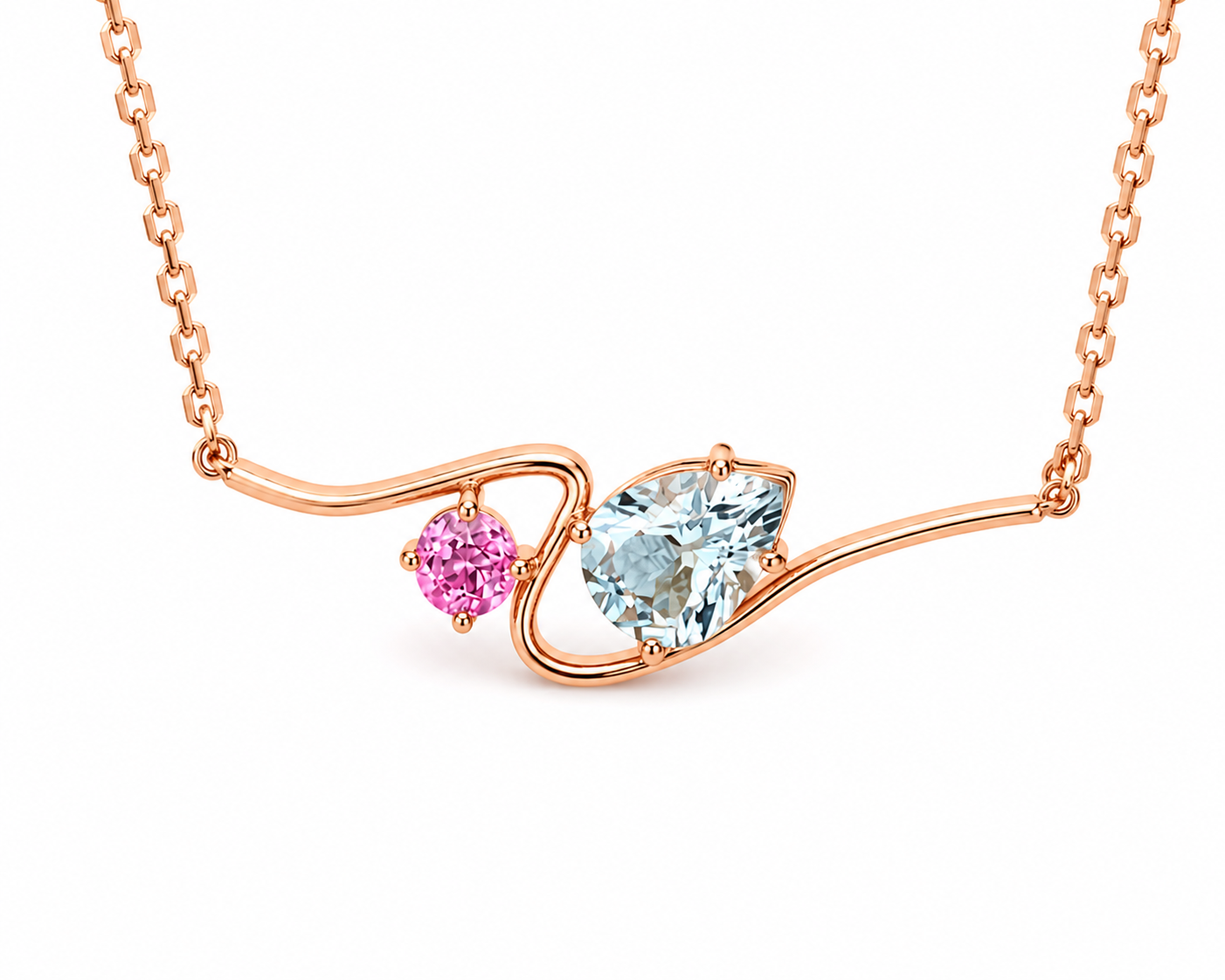 Pear-cut aquamarine and round pink sapphire swirl pendant in 18k rose gold