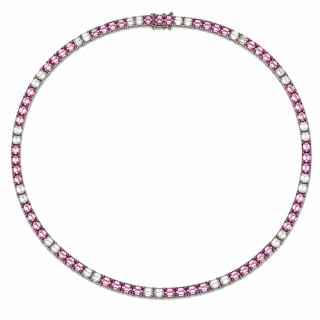 Octagonal pink sapphire and emerald-cut natural diamond line necklace in 18k white gold