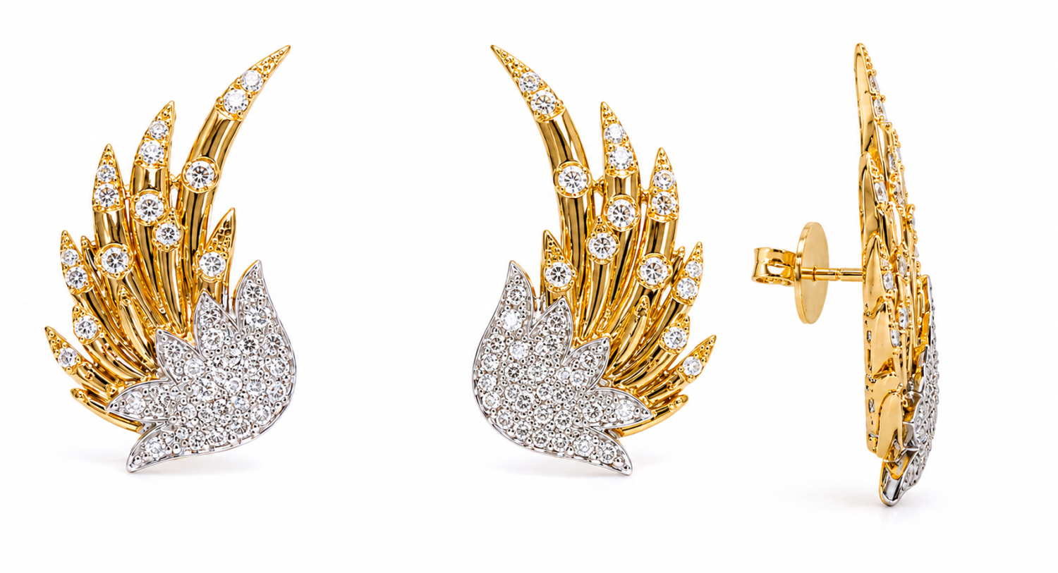 Front and side views of wing-shaped earrings with yellow-toned sweeping details, white-toned diamond clusters and round diamond accents