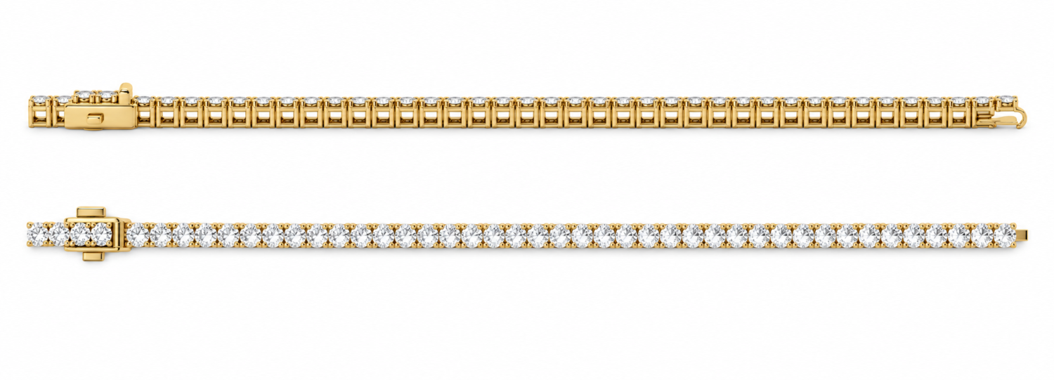 4.10ct round natural diamond tennis bracelet in 18k yellow gold, shown laid straight from the front and side