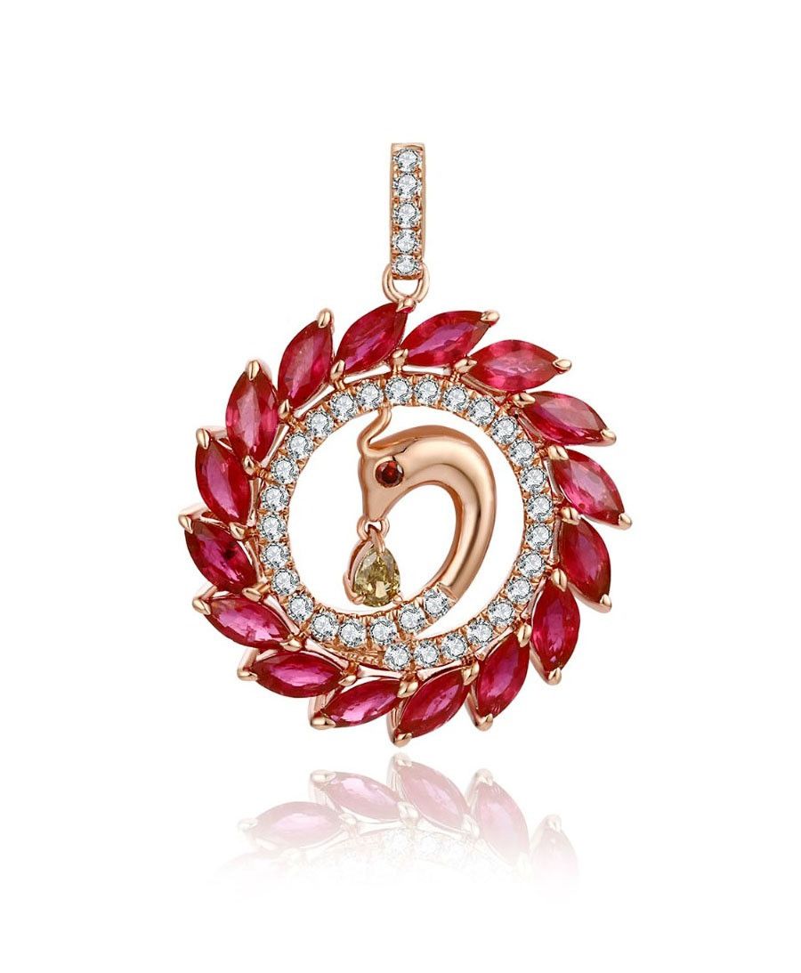 Rose gold peacock pendant framed by marquise rubies and round white diamonds, with a pear-shaped yellow diamond beneath its beak