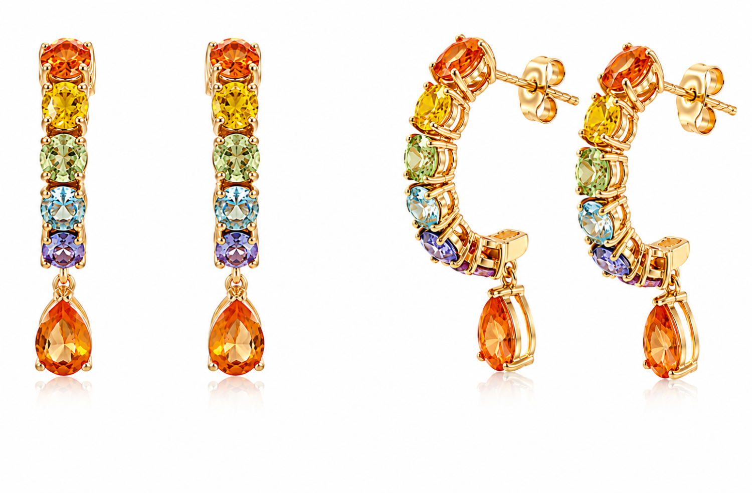 Rainbow multicolour sapphire drop earrings with round and pear-cut stones in 18k gold
