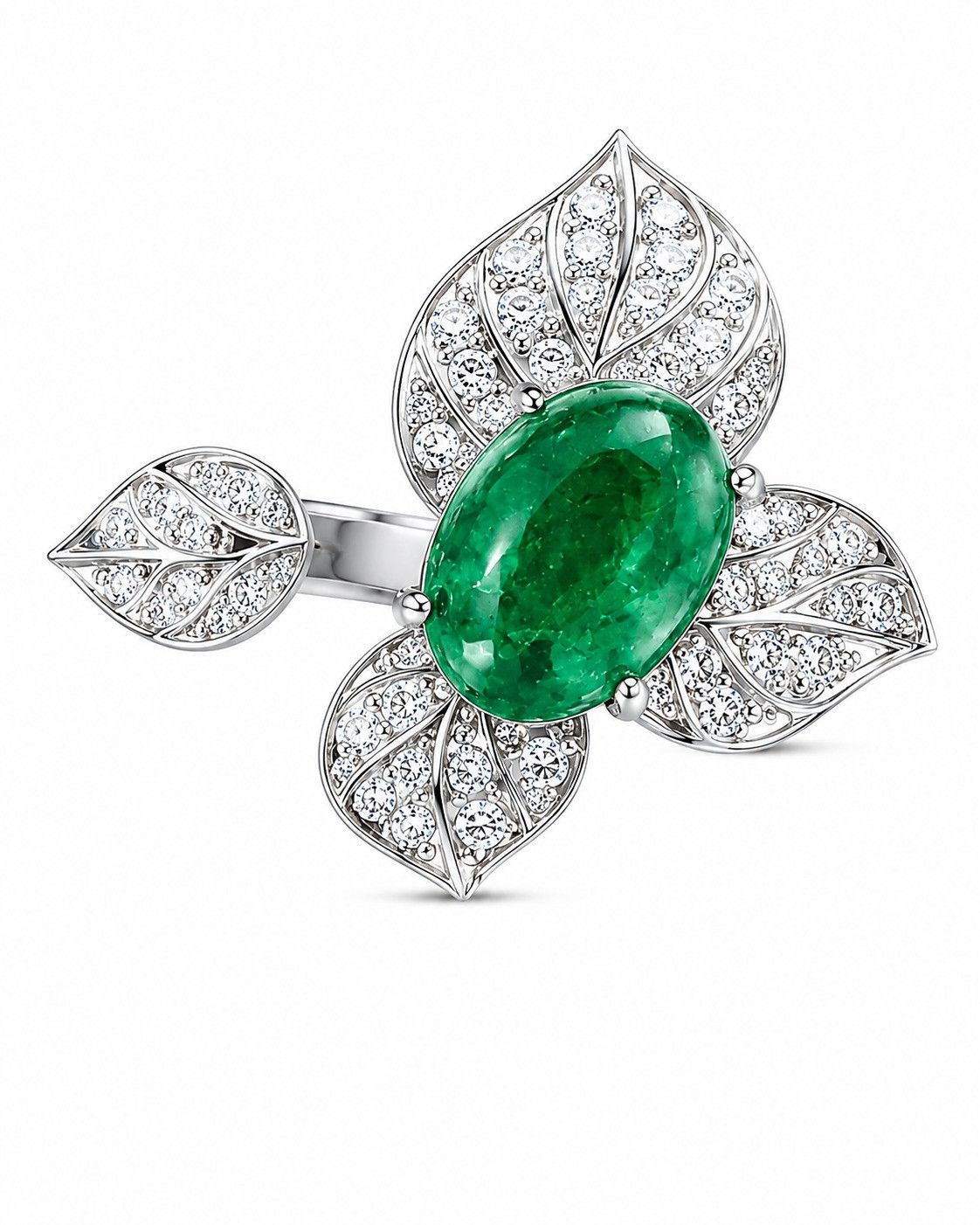 Oval emerald framed by three natural diamond-set leaves with a smaller leaf on the opposite side of an open 18k white gold ring