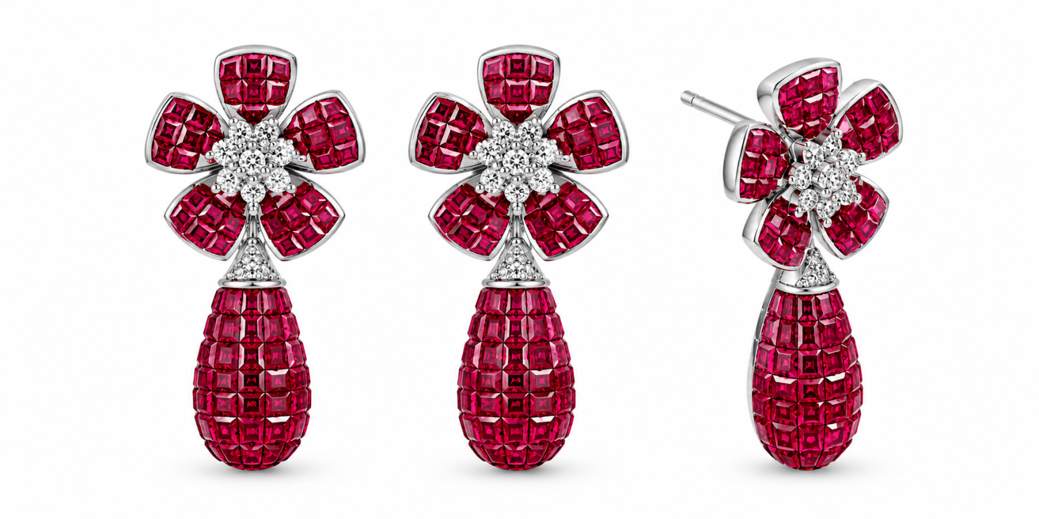 Ruby-set floral earrings with natural diamond centres and ruby-covered teardrop pendants in 18k white gold, shown from the front and side