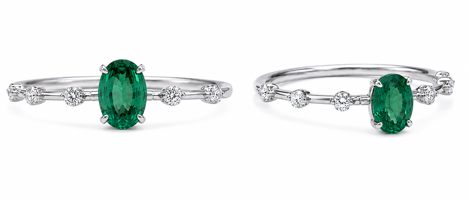 Oval emerald ring with spaced round natural diamond stations on a slender 18k white gold band, shown from two angles