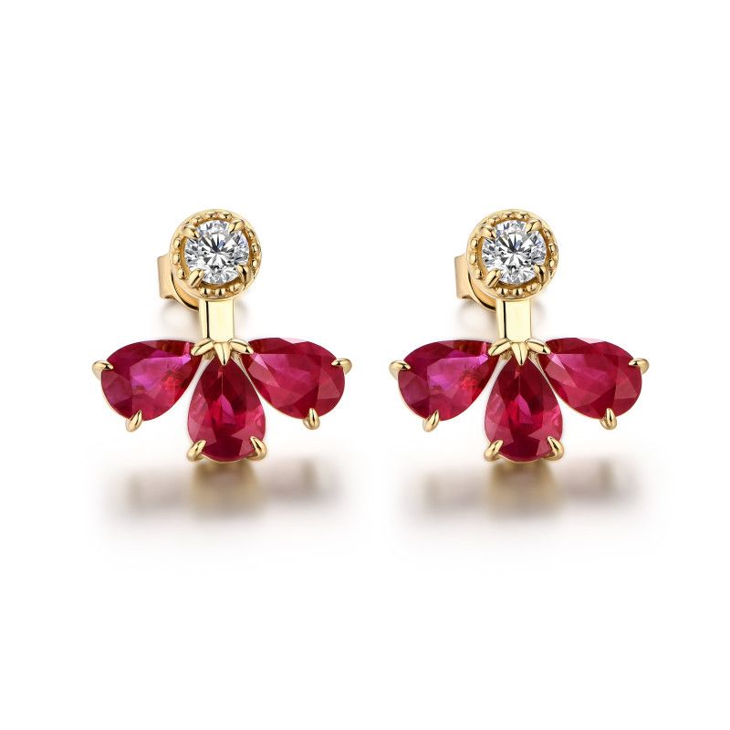 Floral earrings with three pear-cut rubies beneath each round natural diamond in 18k yellow gold