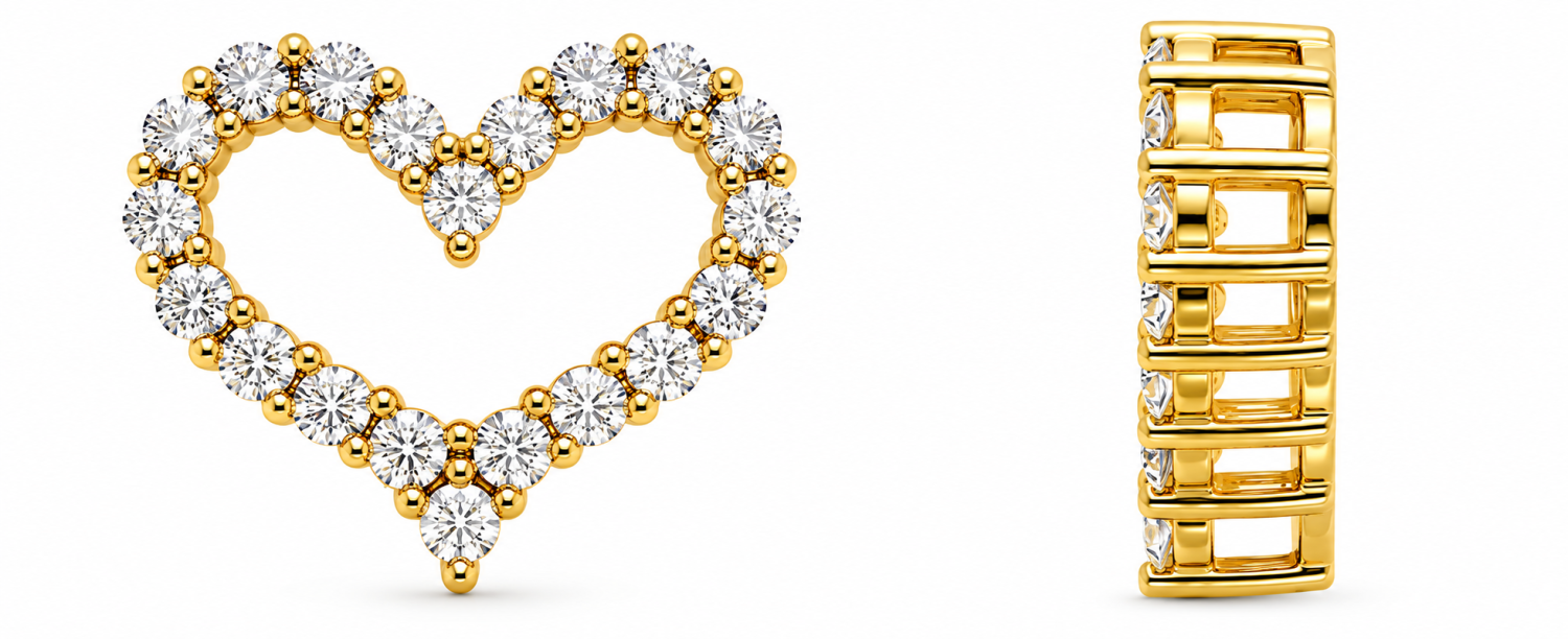 Front and side views of an open heart shaped pendant set with round diamonds in yellow-toned gold